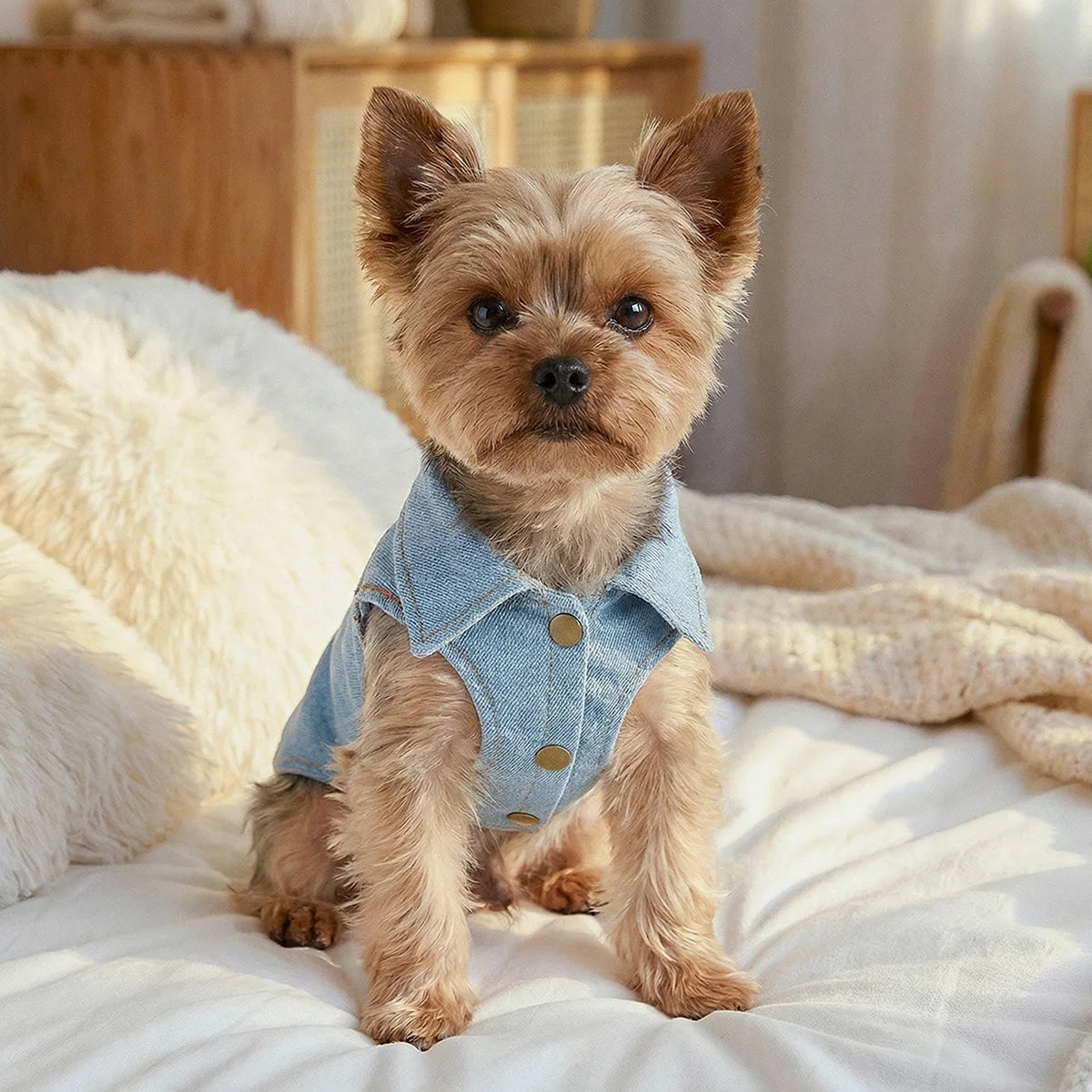 Heart Hug Bear Denim Dog Vest with D-Ring