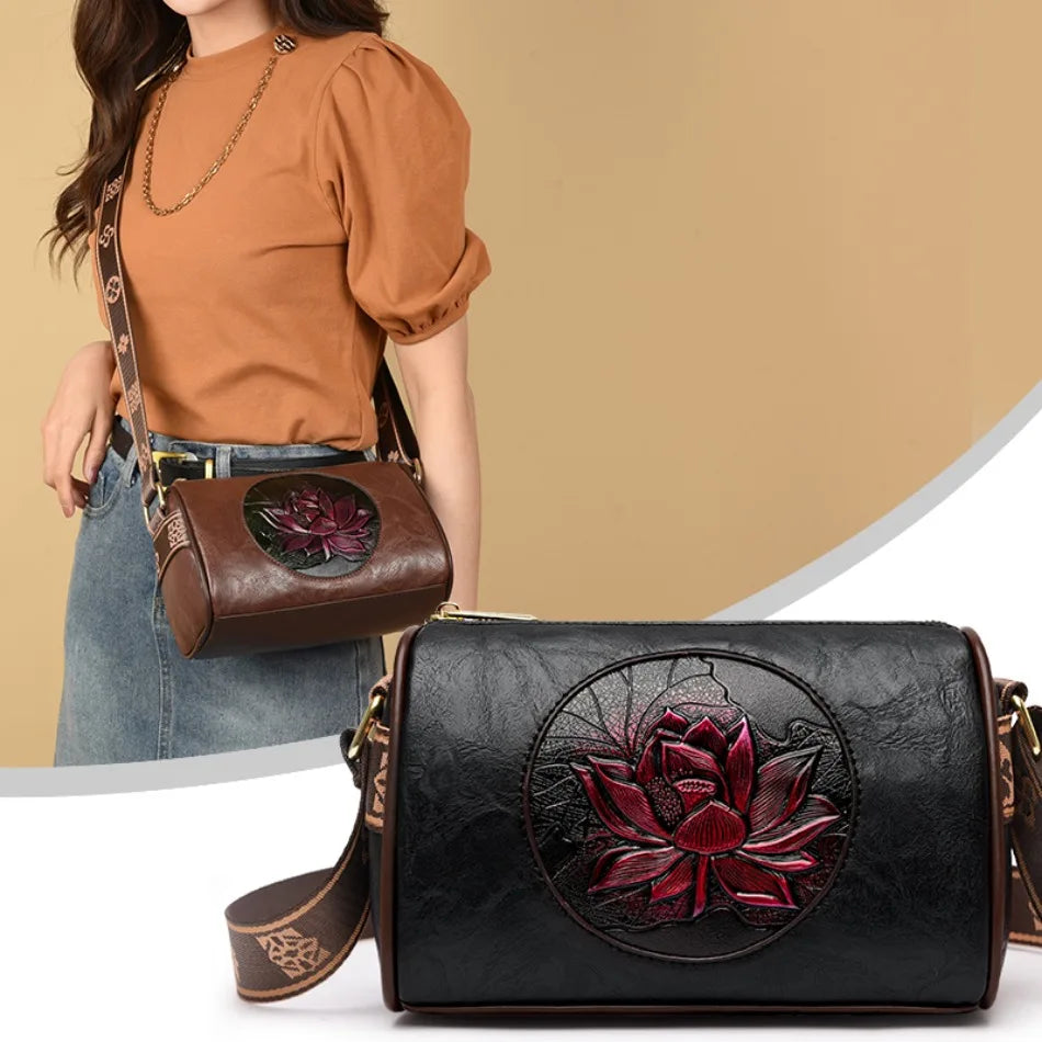 Casual Floral Embossed Leather Crossbody Shoulder Bag