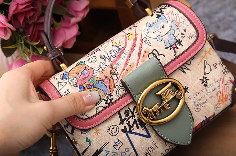 Vintage Graffiti Bear Top Handle Satchel Bag