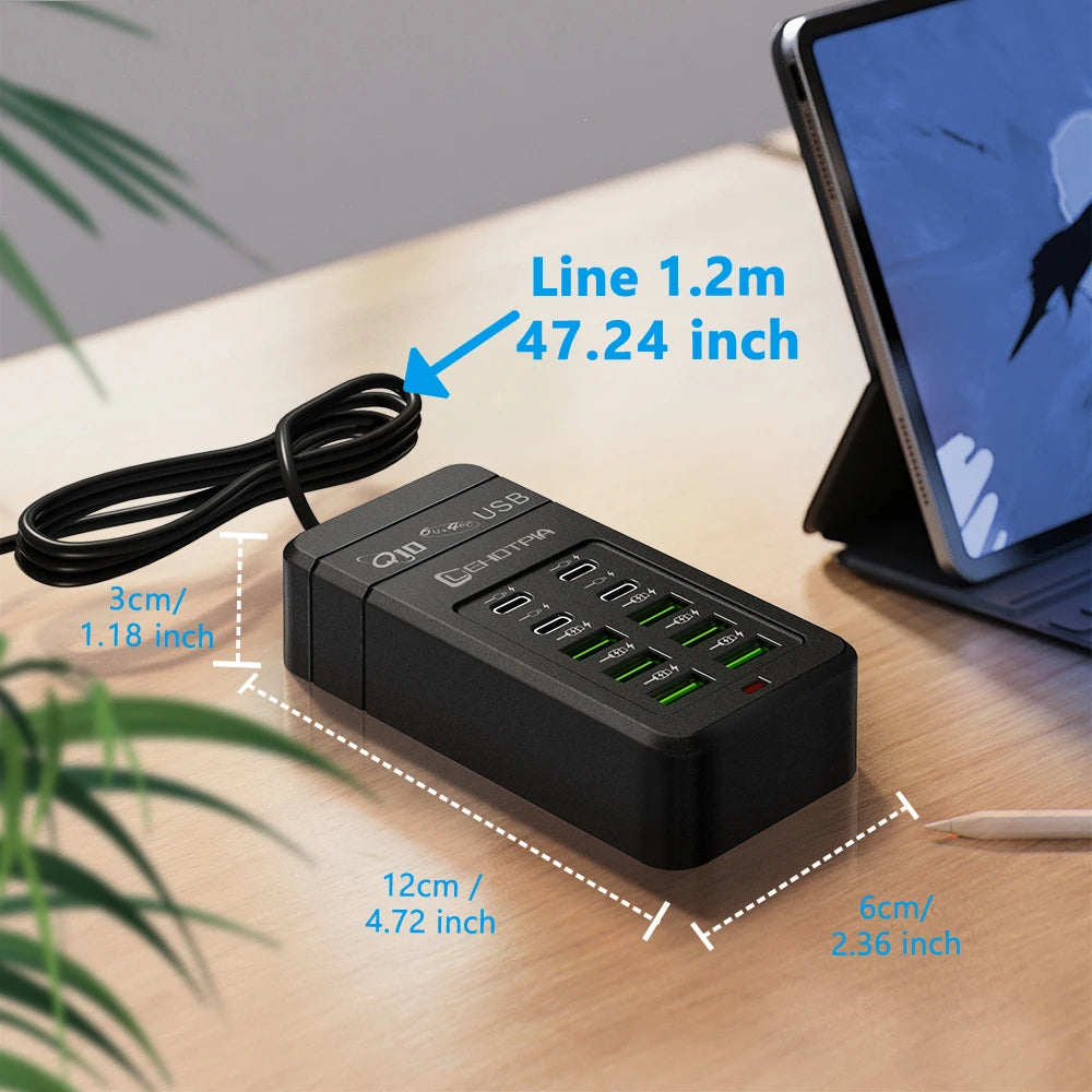 10-Port USB Charging Station with Multi-Plug Adapter