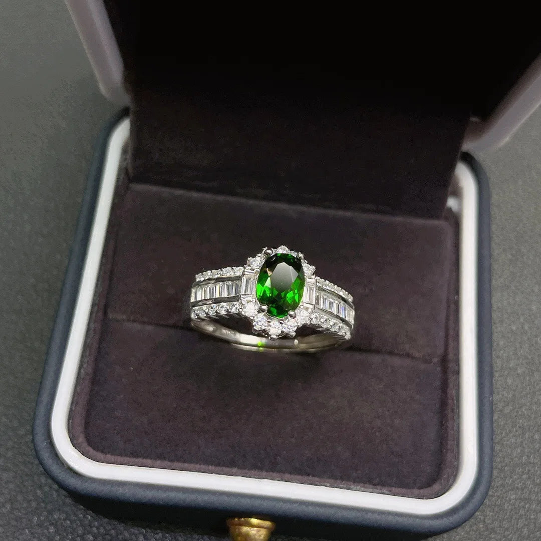 925 Sterling Silver Emerald & Diamond Ring