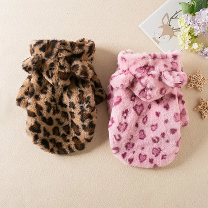 Leopard Fleece Dog Coat – Warm Hooded Pet Jacket
