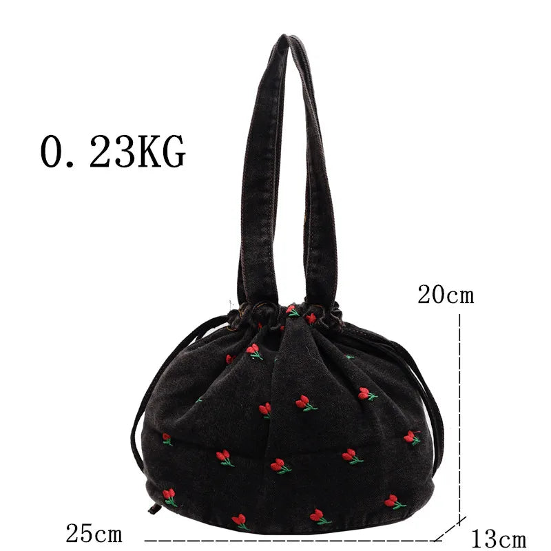 Embroidered Denim Drawstring Shoulder Tote Bag