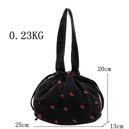Embroidered Denim Drawstring Shoulder Tote Bag