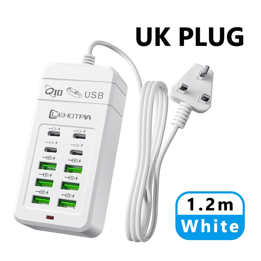 10-Port USB Charging Station with Multi-Plug Adapter