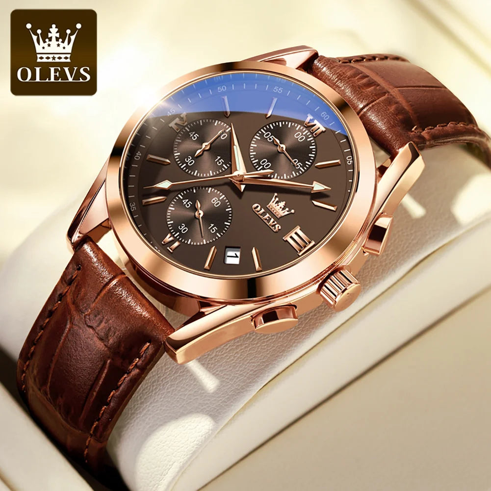 OLEVS 2872 Men's Leather Quartz Watch with Date & Luminous Dial