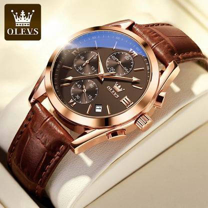 OLEVS 2872 Men's Leather Quartz Watch with Date & Luminous Dial