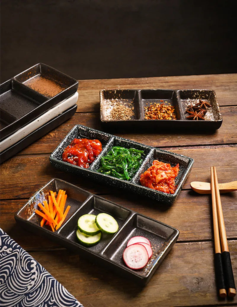 Japanese 3-Compartment Ceramic Sauce & Sushi Dish
