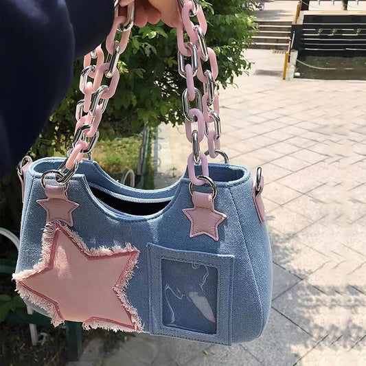 Denim Star Patch Hobo Shoulder Bag