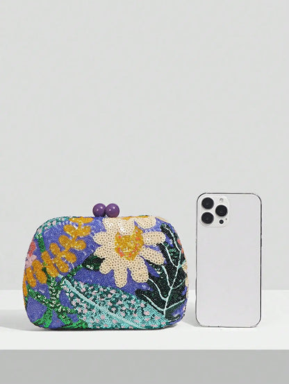 Floral Sequin Minaudière Evening Clutch Bag