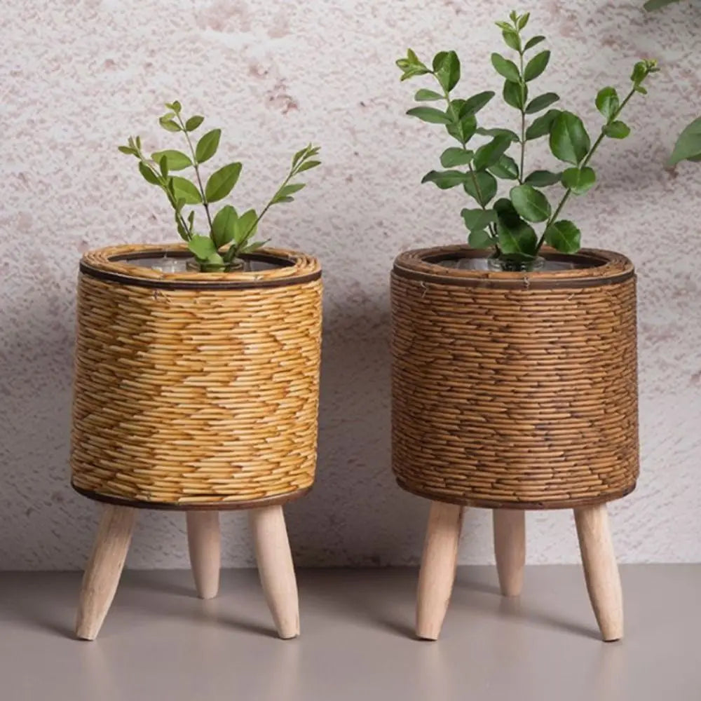 Nordic Rattan Style Plant Pot with Wooden Legs