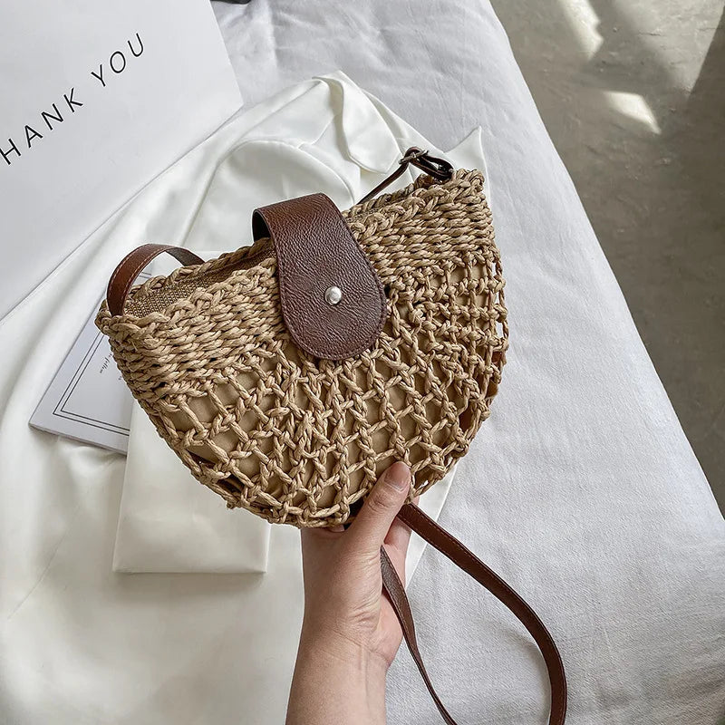 Handmade Half Moon Straw Crossbody Bag
