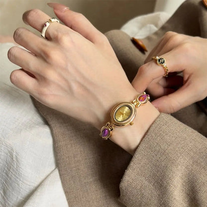 Oval Gemstone-Style Quartz Bracelet Watch