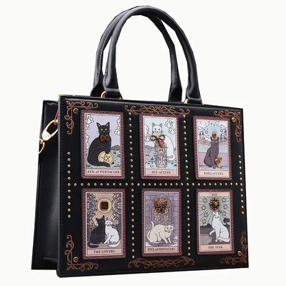 Vintage Cat Print Leather Tote Bag