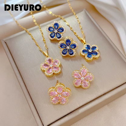 Stainless Steel Lovely Blue Pink Flowers Pendant Necklace Earrings Set