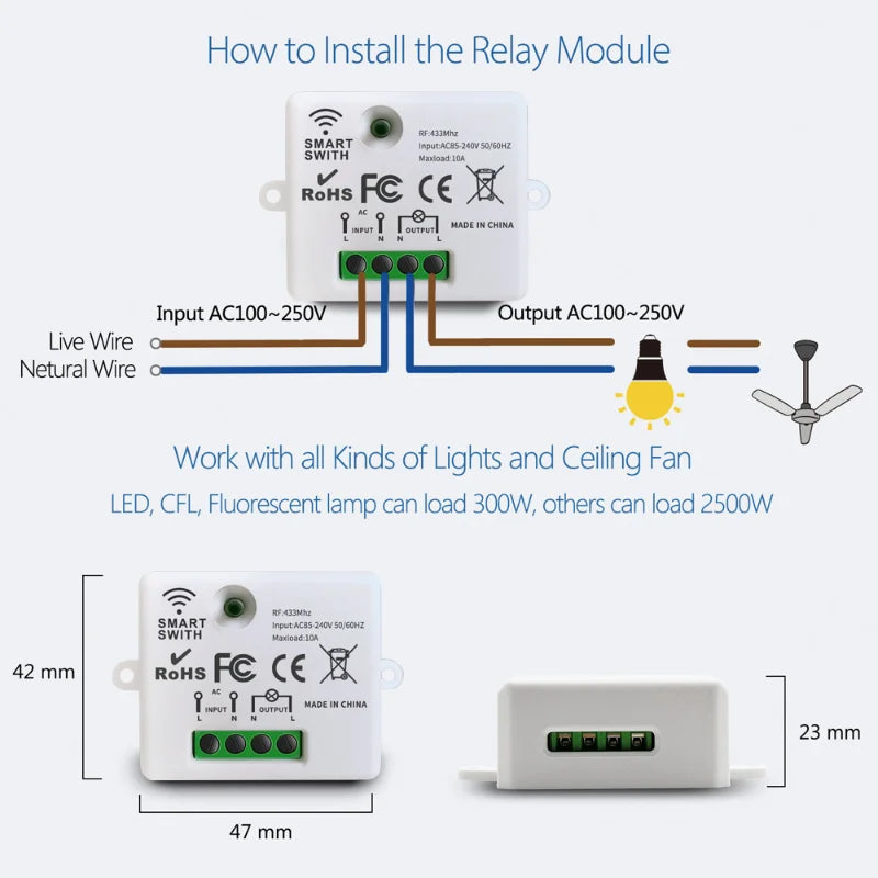 Wireless RF 433MHz Light Switch Relay Receiver