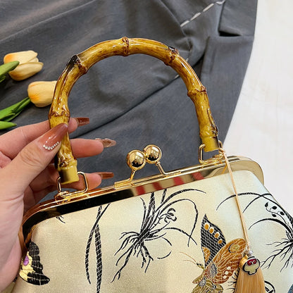 Luxury Embroidered Evening Handbag with Bamboo Handle