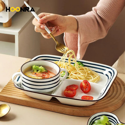 HOONRA Set of 3 Divided Plate Ceramic Kitchen Food Container