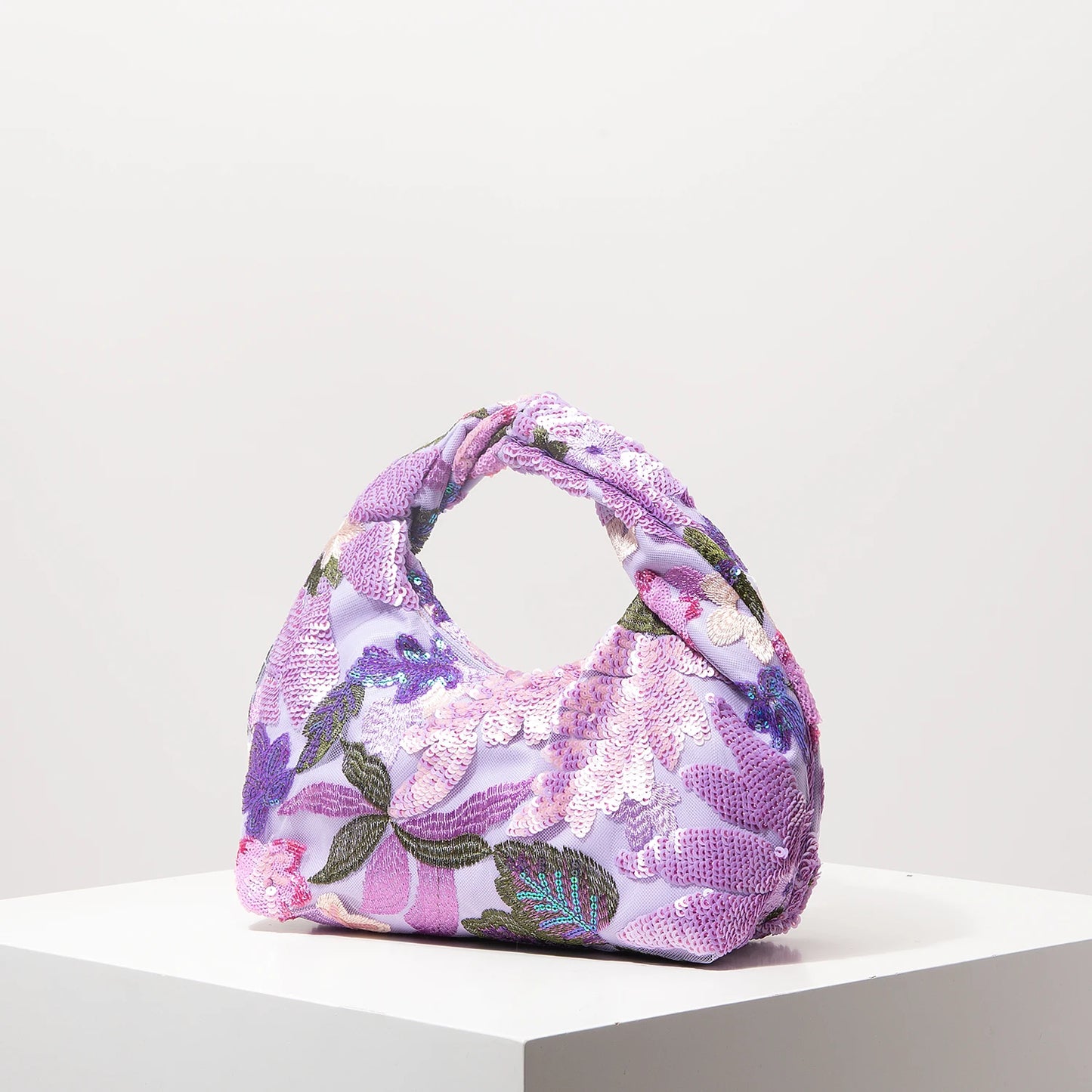 Floral Sequin Half-Moon Evening Bag