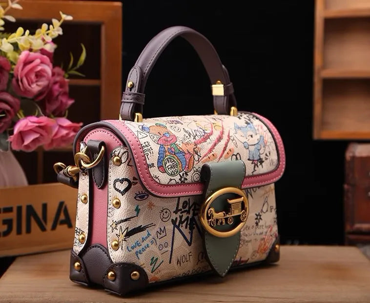 Vintage Graffiti Bear Top Handle Satchel Bag