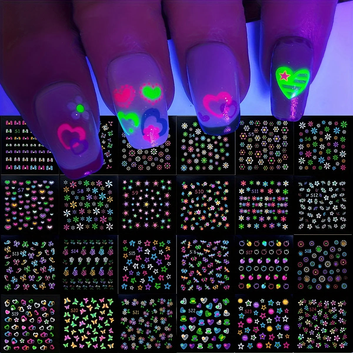 30 Sheets 3D Neon Nail Stickers
