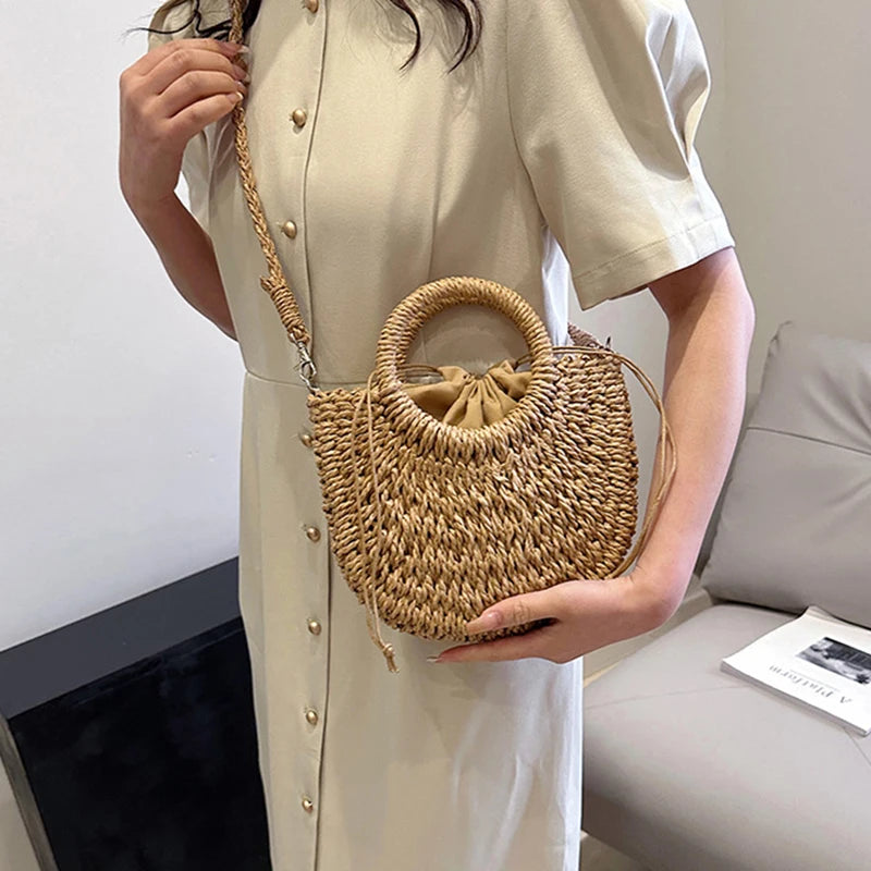 Handwoven Straw Rattan Crossbody Beach Bag