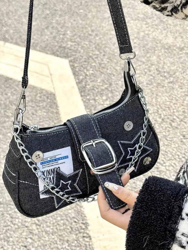 Denim Canvas Shoulder Bag with Chain Strap