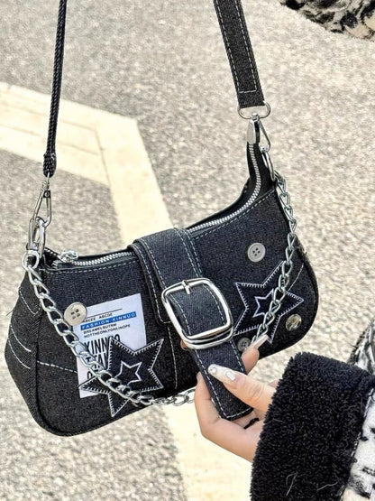 Denim Canvas Shoulder Bag with Chain Strap