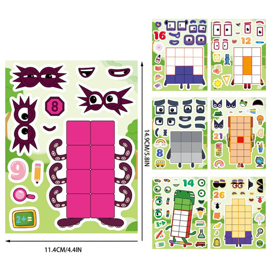 Cartoon Number Building Puzzle Sticker Set