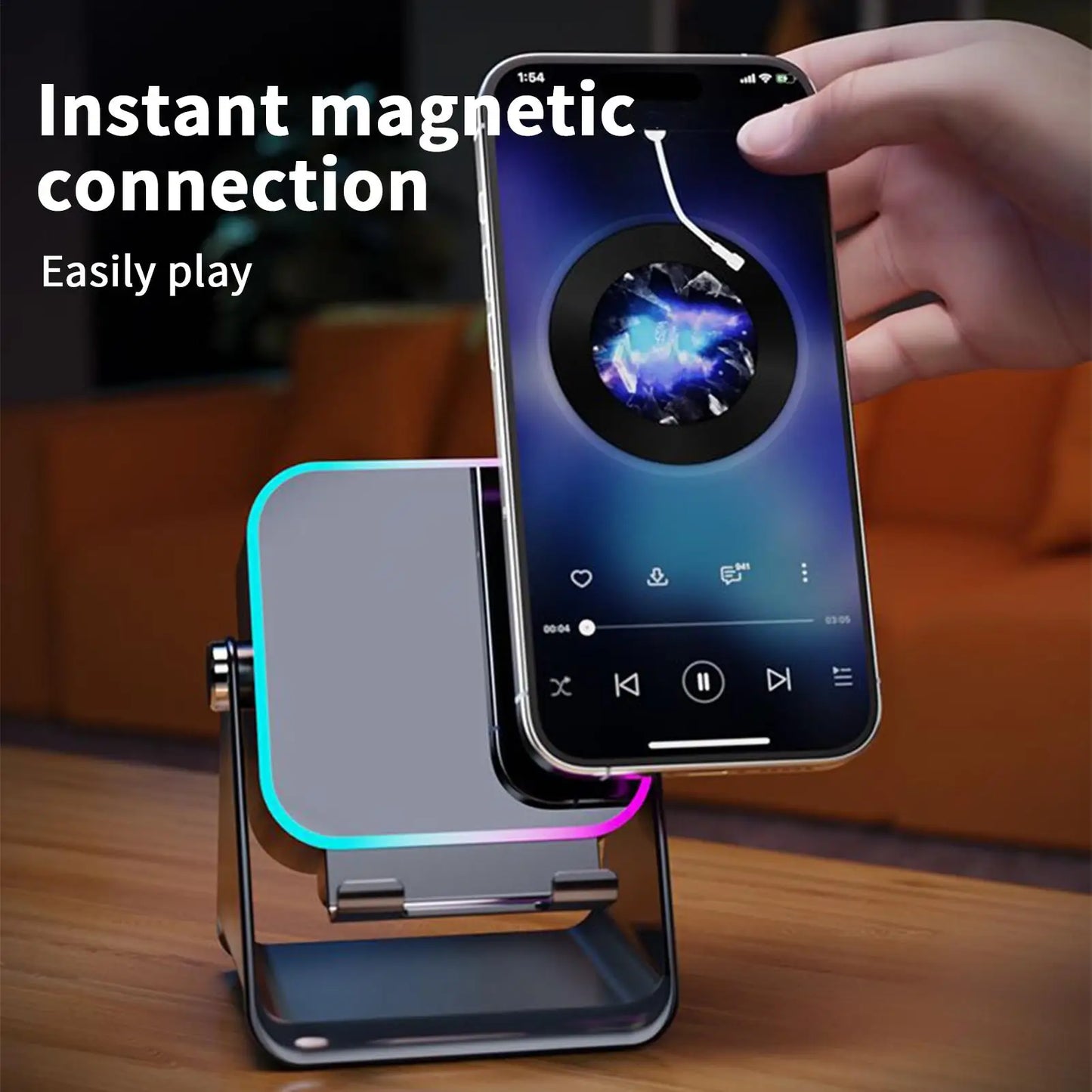 Folding Phone Holder with Wireless Speaker & LED Light