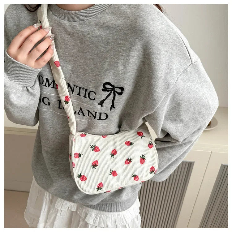 Strawberry Print Corduroy Mini Shoulder Bag