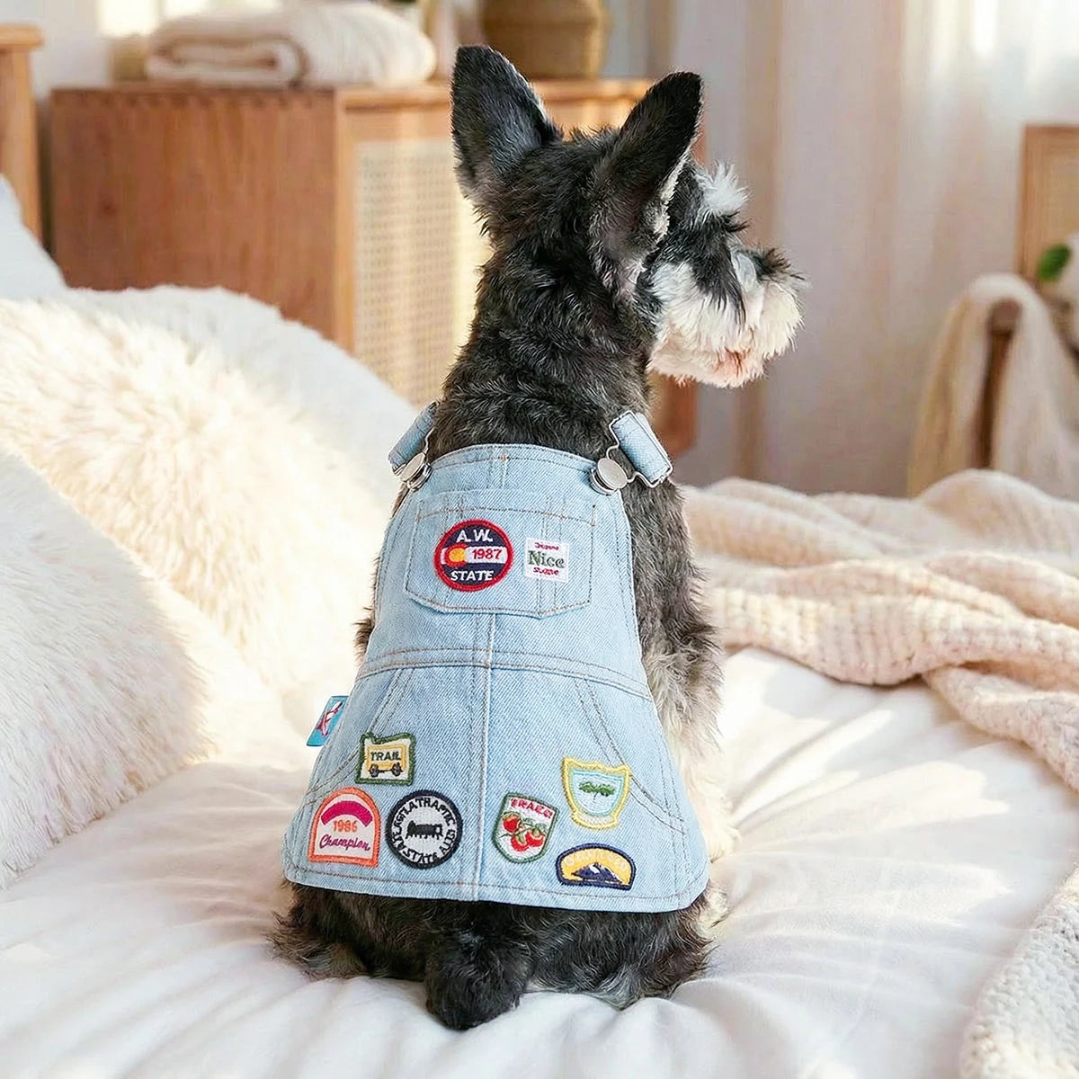 Retro Denim Pet Dress with Badge Patches