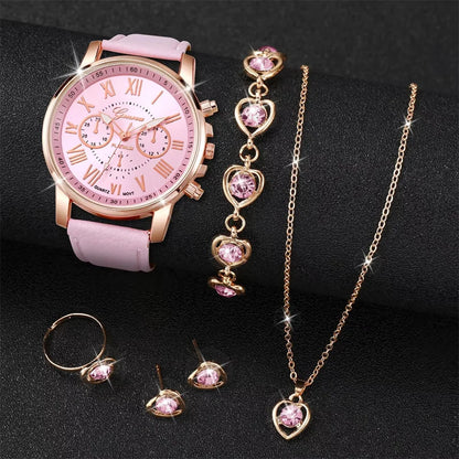 6Pcs/Set Watch Band Heart Rhinestone Jewelry Set(Without Box)