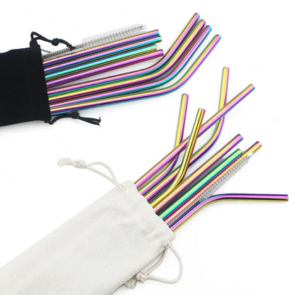 Reusable 304 Stainless Steel Metal Drinking Straws Set with Cleaning Brush