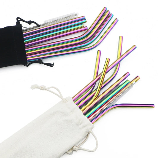 Reusable 304 Stainless Steel Metal Drinking Straws Set with Cleaning Brush