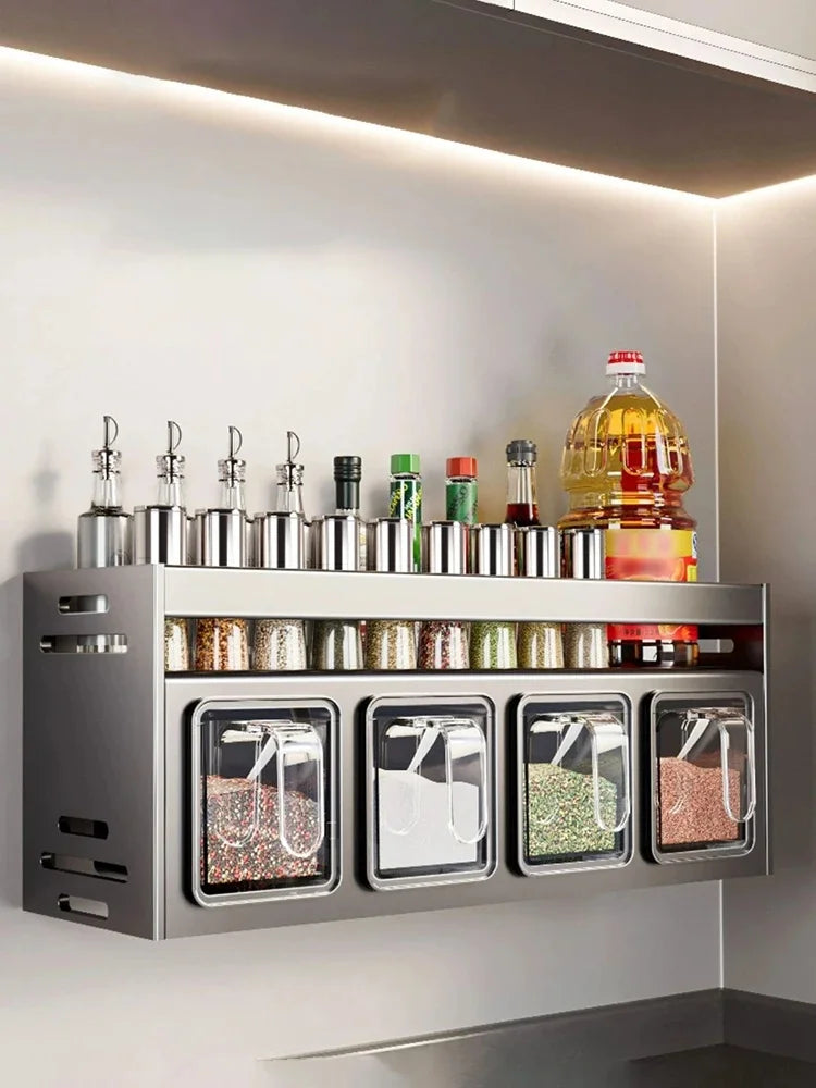 Wall Mounted Kitchen Storage Organizer with Spice Jar Holder