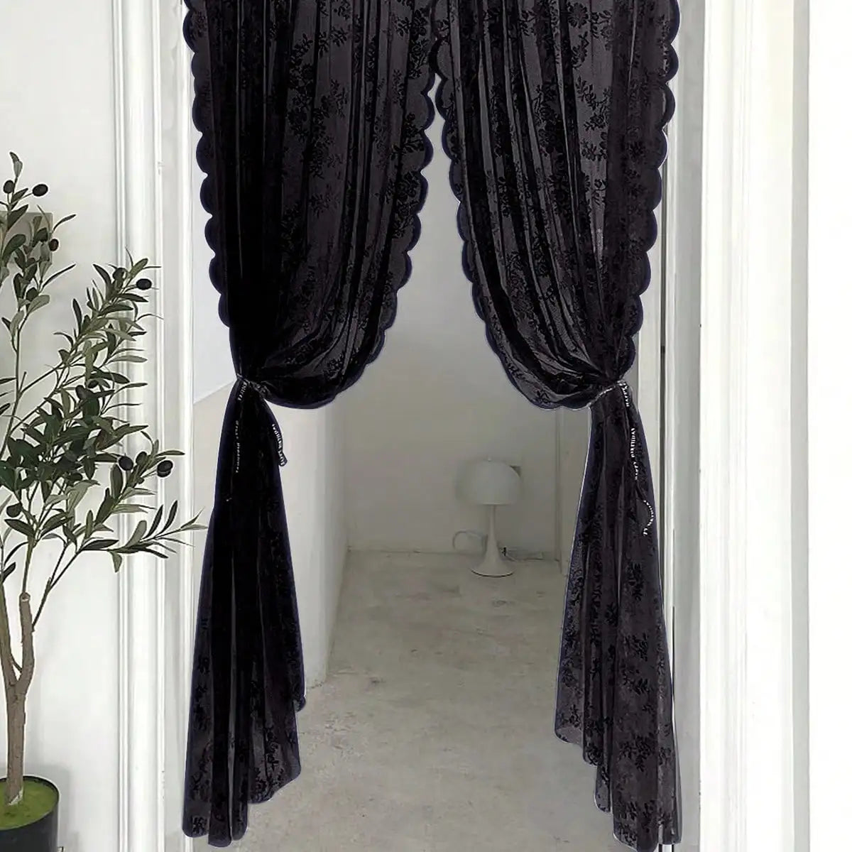 Black Floral Lace Sheer Curtain Panel