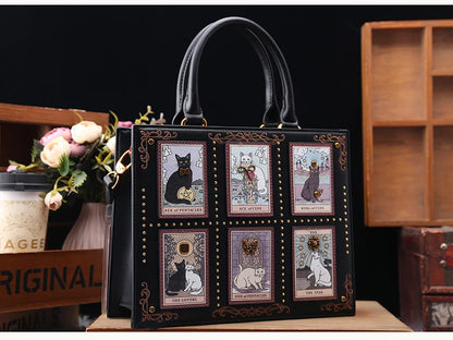 Vintage Cat Print Leather Tote Bag