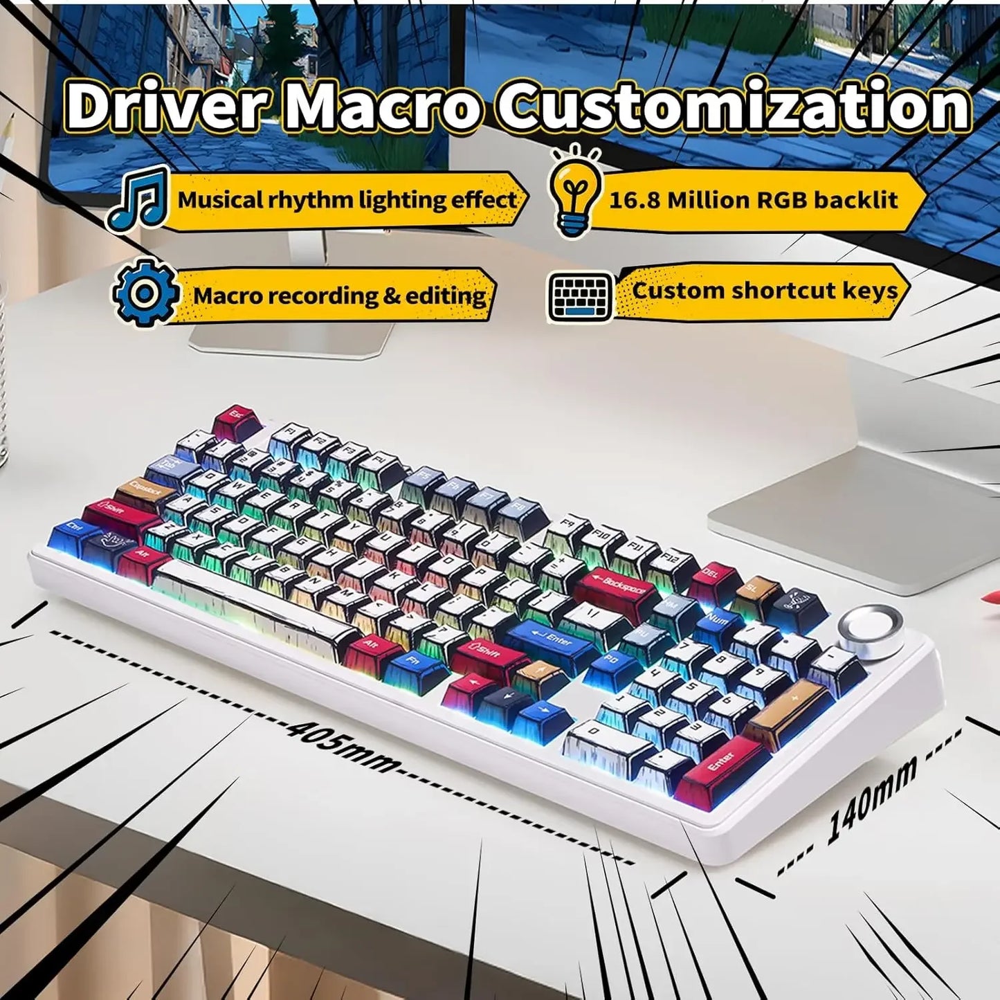RGB Hot-Swappable Gaming Keyboard with PBT Comic Keycaps
