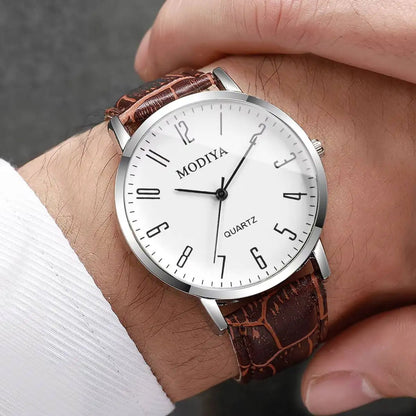 Men's Leather Strap Arabic Dial Quartz Watch Set