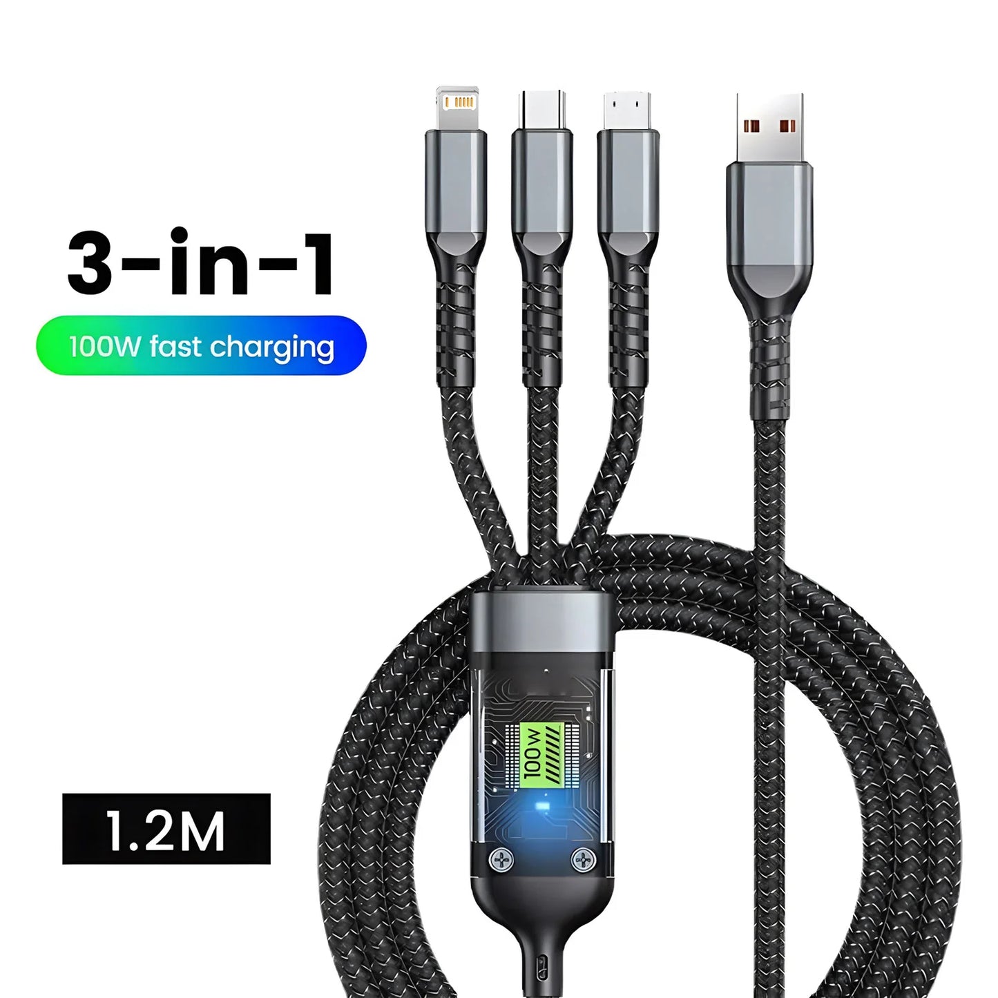 3-in-1 Fast Charging USB Cable – USB-A to Lightning, USB-C & Micro USB