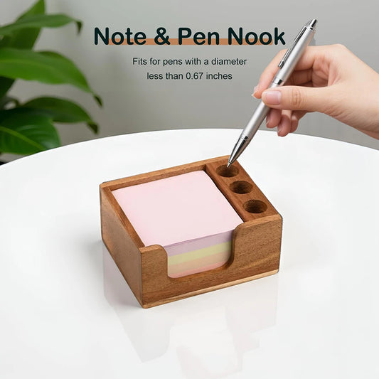 Wooden Desk Organizer with Pen Holders & Note Storage