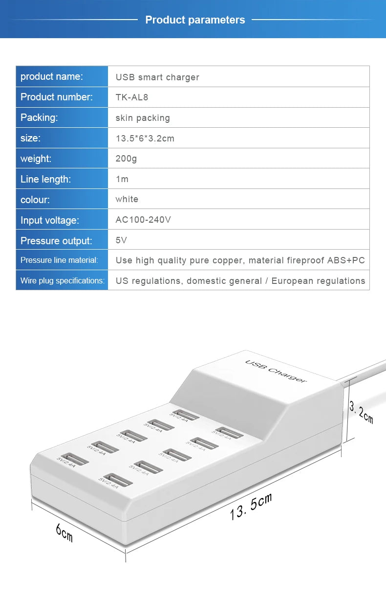 Multi-Device USB Charger Hub with EU Plug