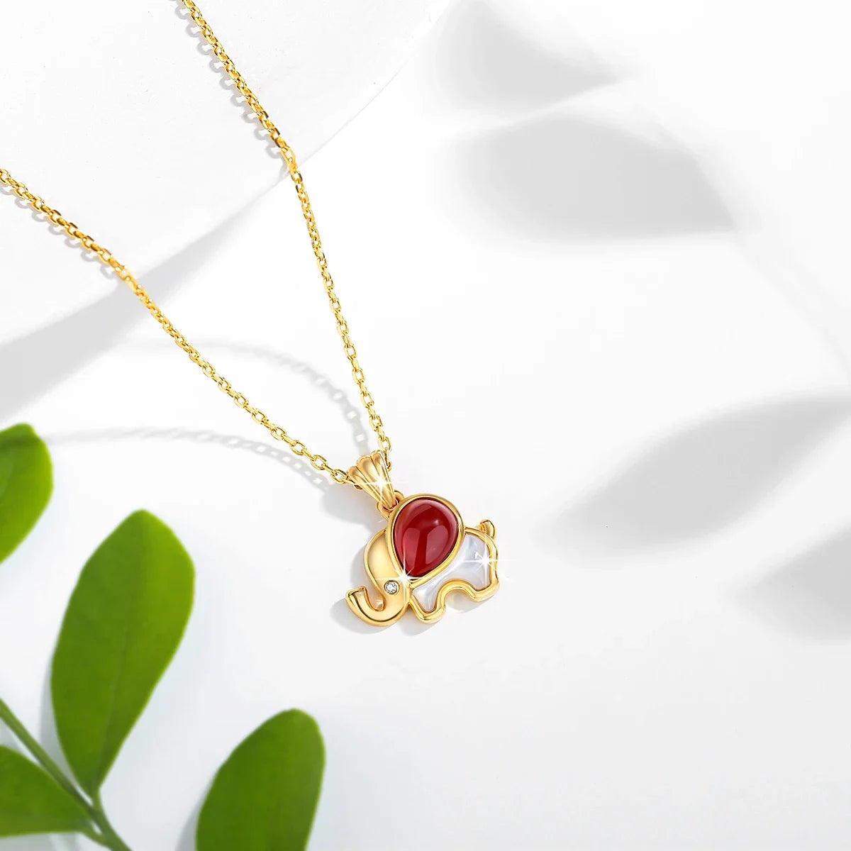 18K Gold Red Agate Elephant Pendant Necklace