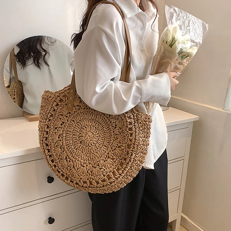 Handmade Woven Straw Beach Tote Bag