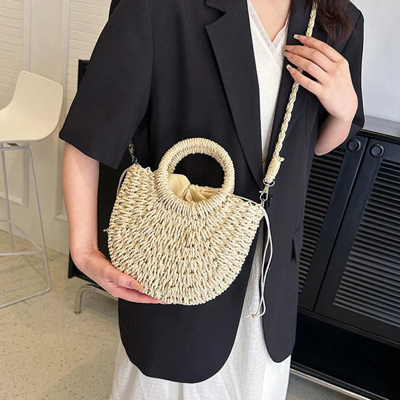 Handwoven Straw Rattan Crossbody Beach Bag