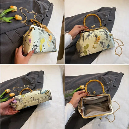 Luxury Embroidered Evening Handbag with Bamboo Handle
