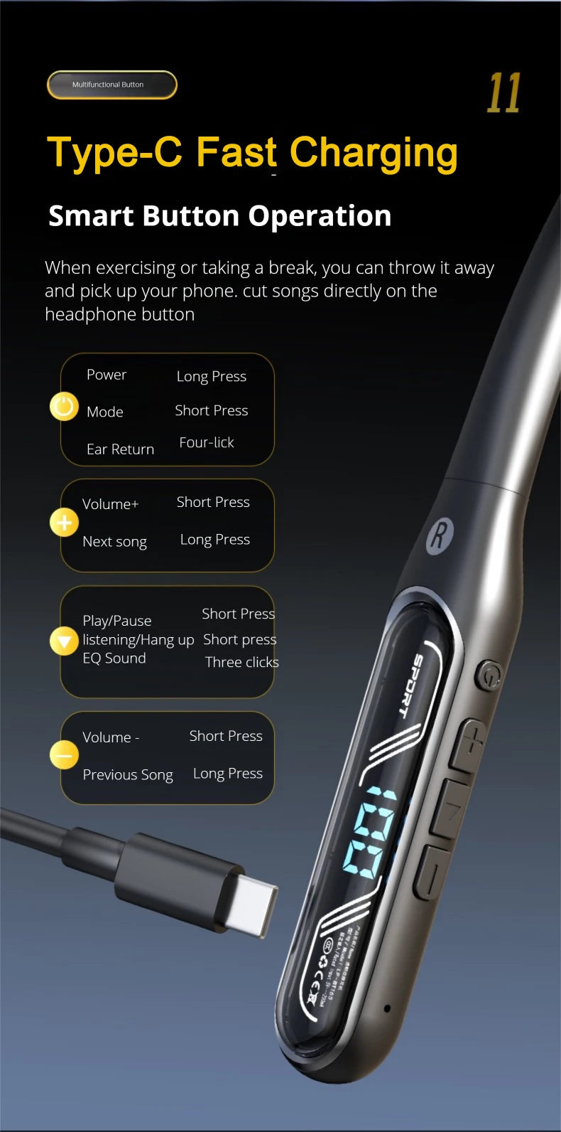Bluetooth Sports Earphones with HD Microphone & 80-Hour Battery
