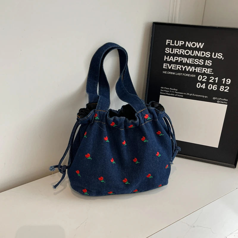 Embroidered Denim Drawstring Shoulder Tote Bag