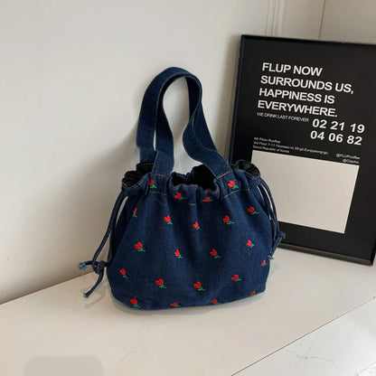 Embroidered Denim Drawstring Shoulder Tote Bag